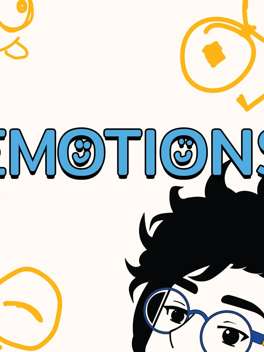 Émotions collection artwork with blue lettering, yellow glasses-face drawings and an illustrated person wearing round glasses