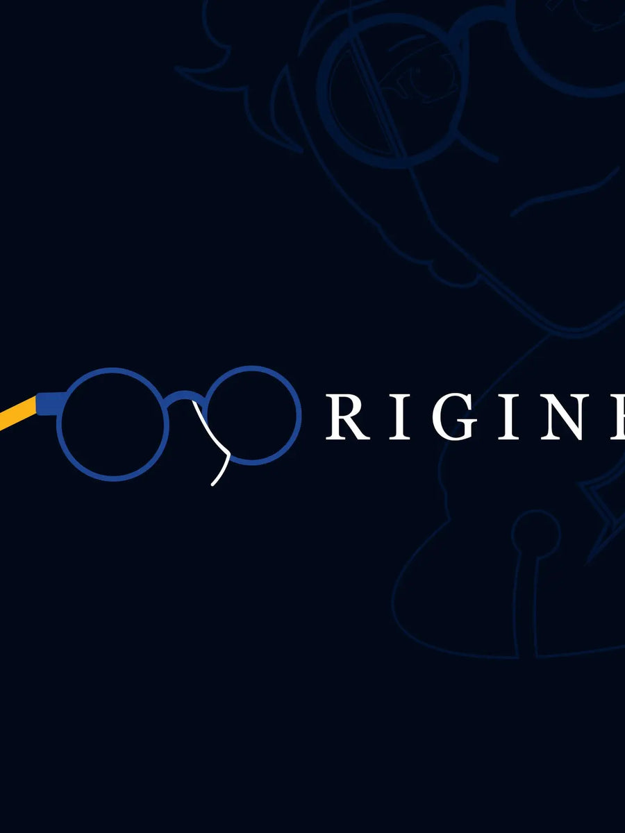 Origine collection artwork with white lettering and blue round glasses with a yellow arm on a dark navy background