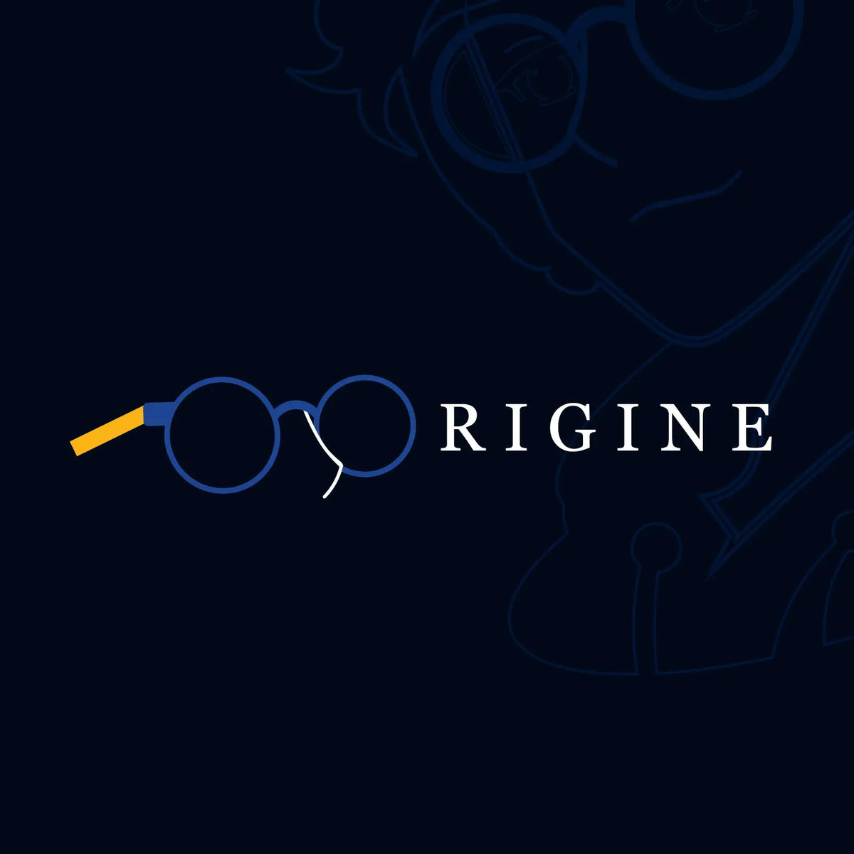 Origine collection artwork with white lettering and blue round glasses with a yellow arm on a dark navy background
