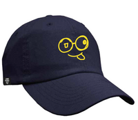 Angled front view of navy dad hat with yellow glasses-face logo and curved brim against a white background