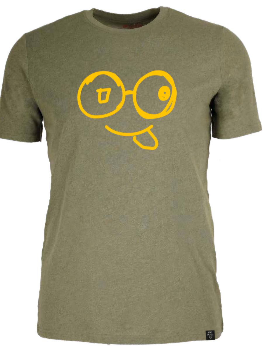Front view of green crew neck t-shirt with yellow glasses-face artwork, mismatched eyes and a Laka Mark hem label