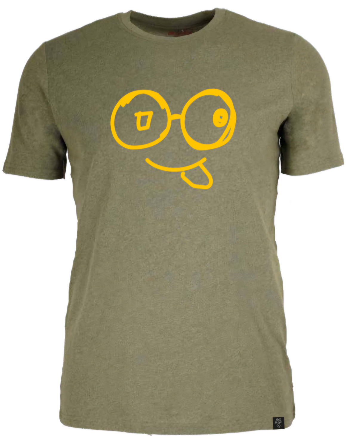 Front view of green crew neck t-shirt with yellow glasses-face artwork, mismatched eyes and a Laka Mark hem label