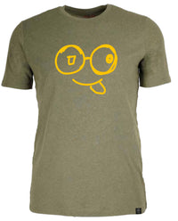 Front view of green crew neck t-shirt with yellow glasses-face artwork, mismatched eyes and a Laka Mark hem label
