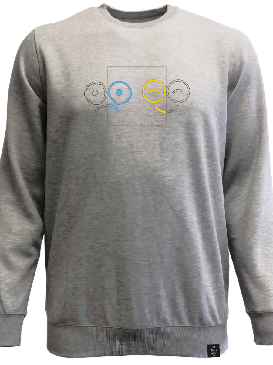 Front view of grey crewneck sweatshirt with blue and yellow glasses-face chest graphic, ribbed cuffs and hem