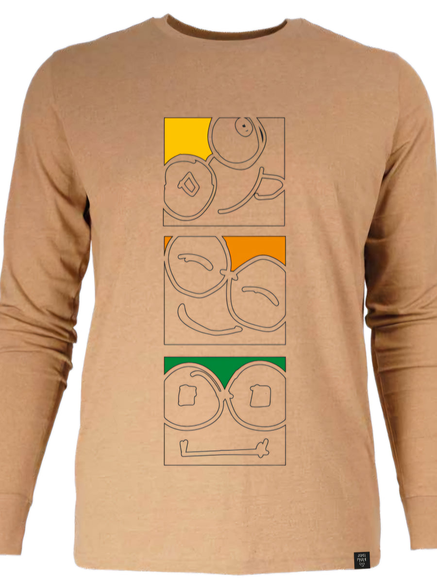 Front view of beige long sleeve t-shirt with three stacked glasses-face illustrations, colorful accents and a Laka Mark hem label
