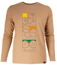 Front view of beige long sleeve t-shirt with three stacked glasses-face illustrations, colorful accents and a Laka Mark hem label