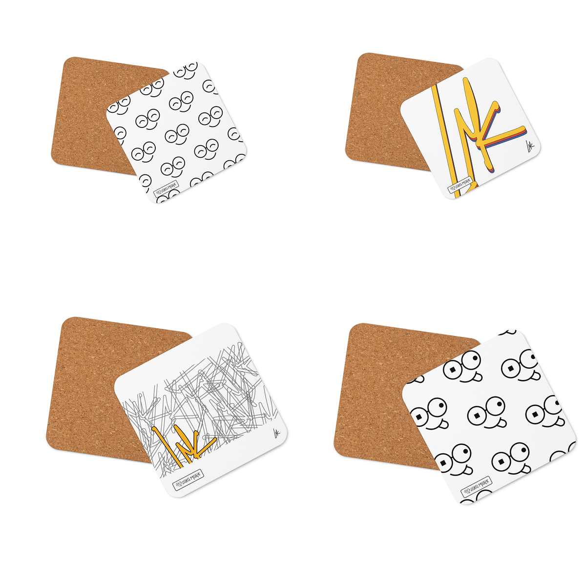 Set of four square drink coasters with glasses-face patterns and yellow graphic designs, shown with brown backing
