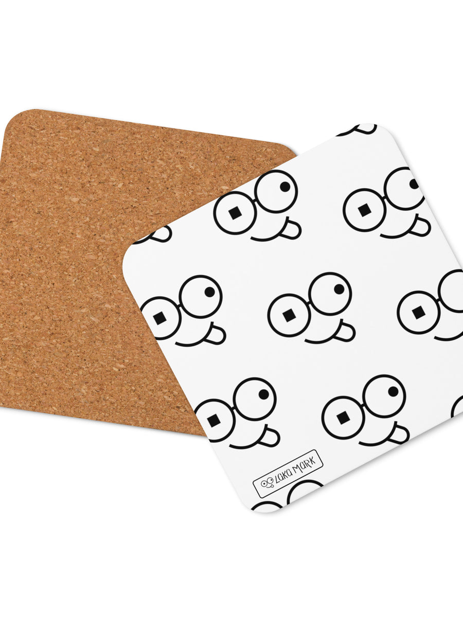 White square coaster with repeating black glasses faces and tongue-out smiles, shown with brown backing