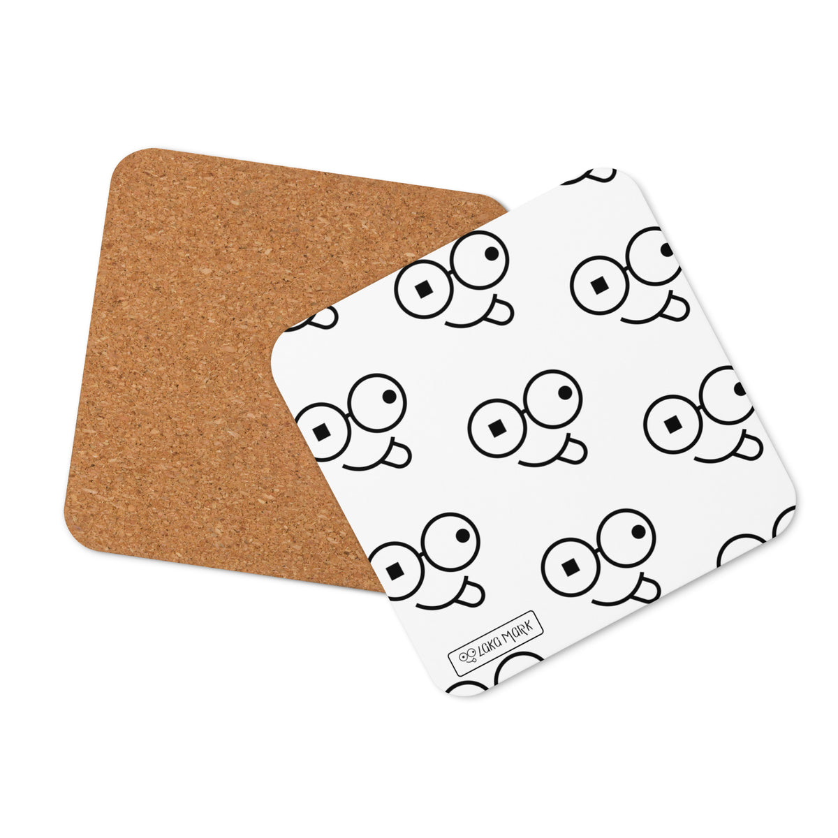 White square coaster with repeating black glasses faces and tongue-out smiles, shown with brown backing