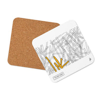 White square coaster with fine grey abstract line art and a yellow graphic accent, shown with brown backing
