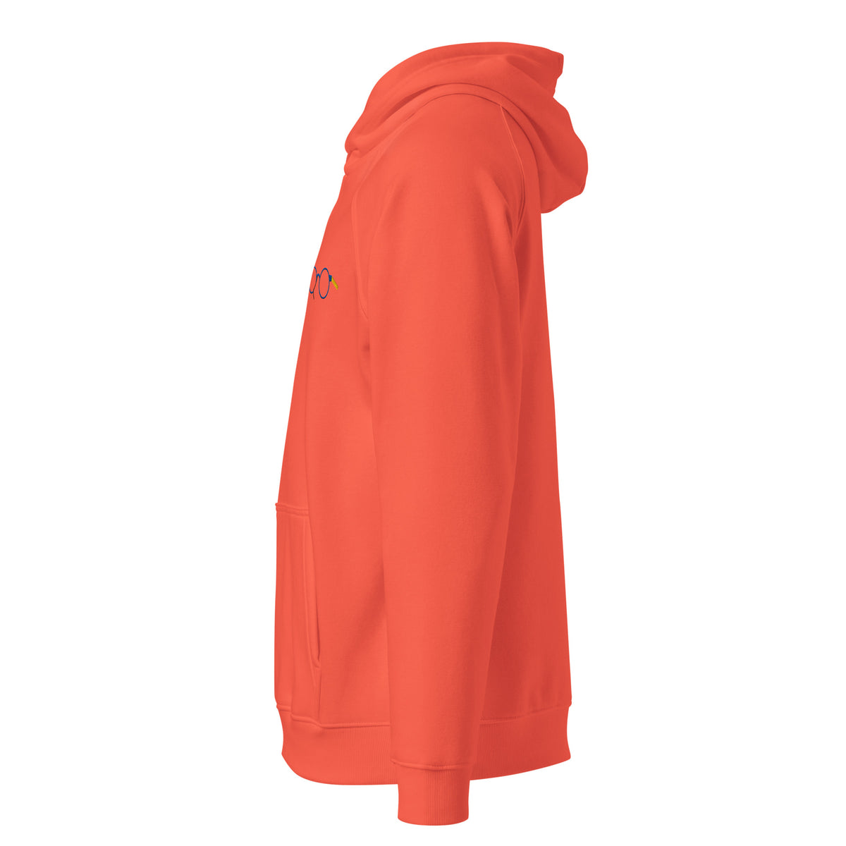 Left-side view of orange raglan hoodie showing hood, sleeve seam and ribbed cuff