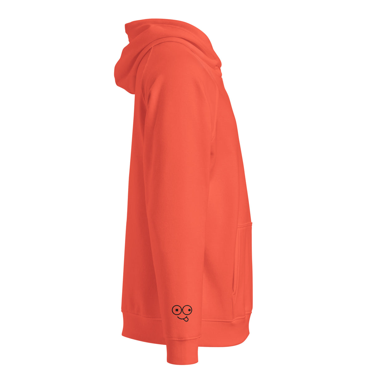 Right-side view of orange raglan hoodie with small glasses-face sleeve graphic and ribbed cuff