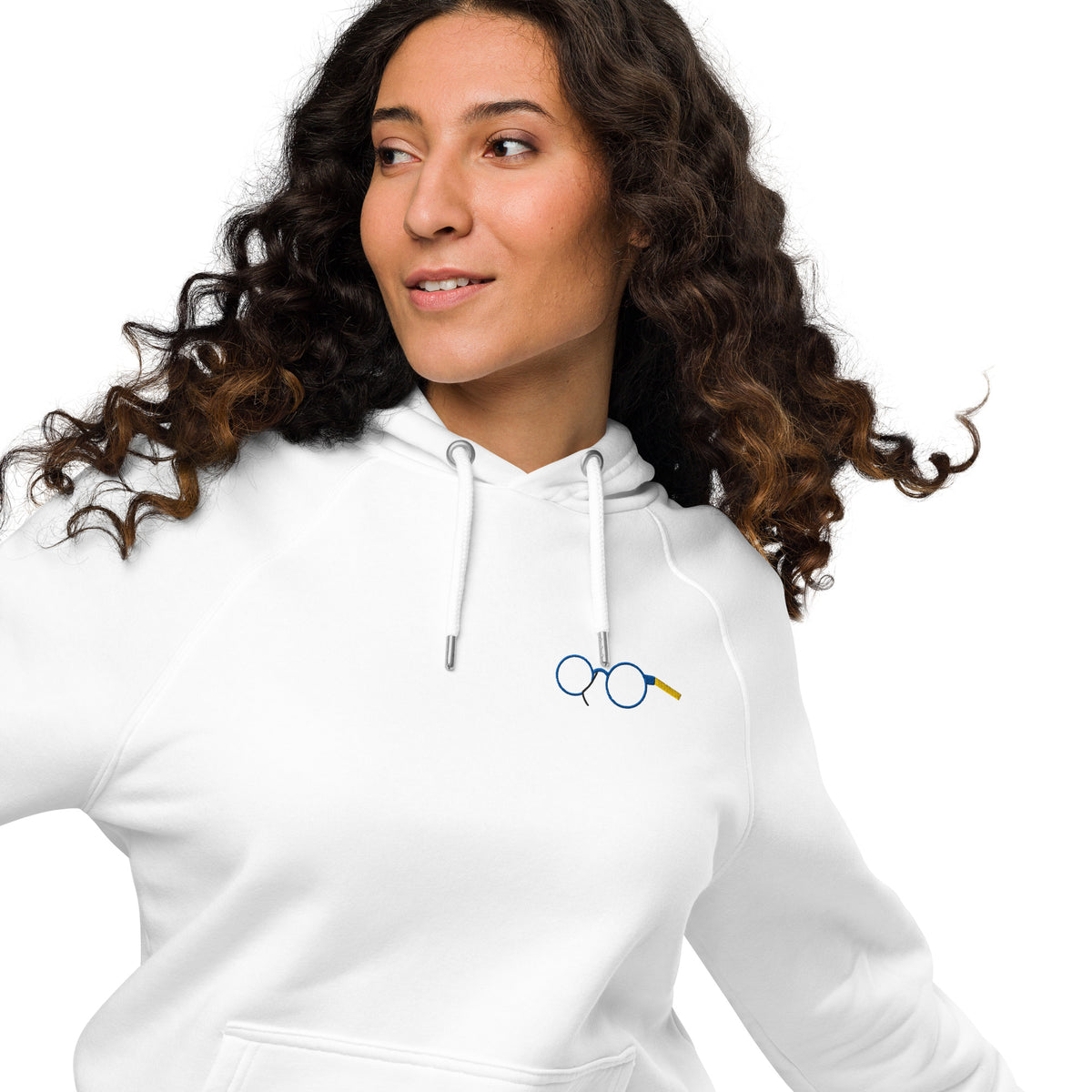 Close-up of white raglan hoodie showing glasses chest graphic, metal eyelets and drawstring tips