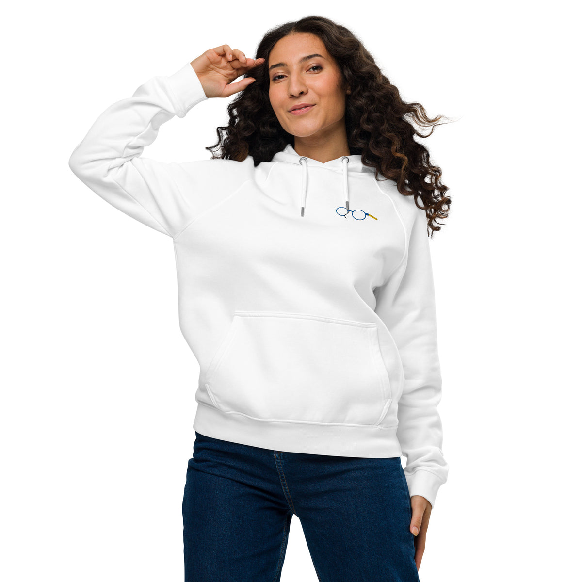 Model wearing a white unisex raglan hoodie with glasses chest graphic, drawstring hood and kangaroo pocket