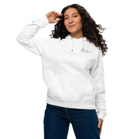 Model wearing a white unisex raglan hoodie with glasses chest graphic, drawstring hood and kangaroo pocket
