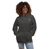 Model wearing a charcoal heather pullover hoodie with a white glasses-face design and front pouch pocket