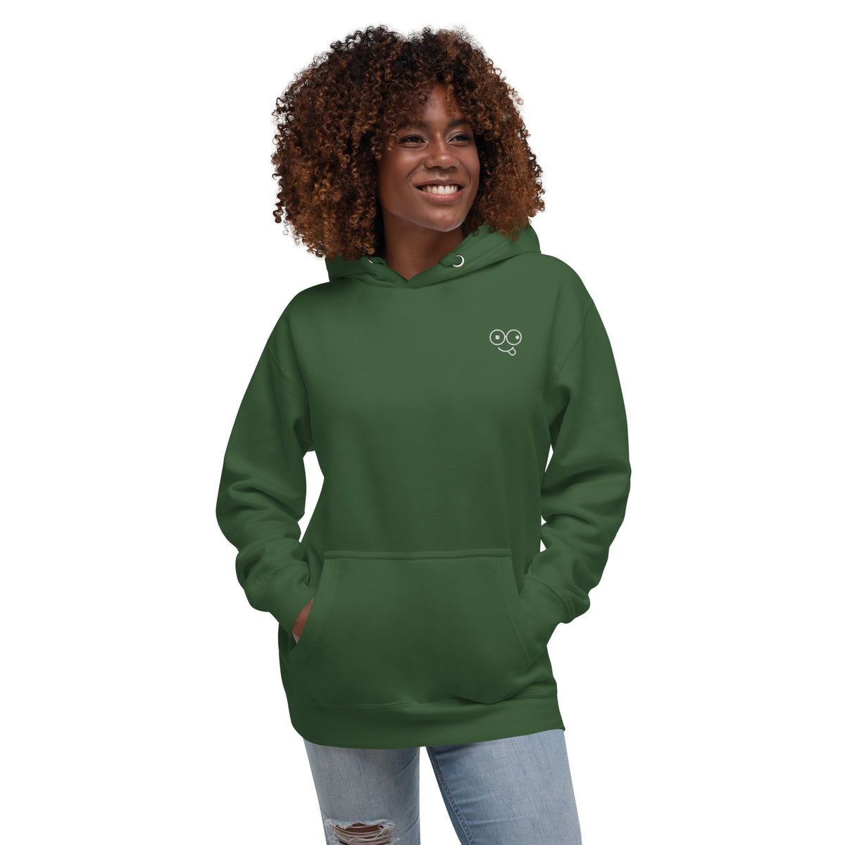 Model wearing a forest green pullover hoodie with a white glasses-face design and front pouch pocket