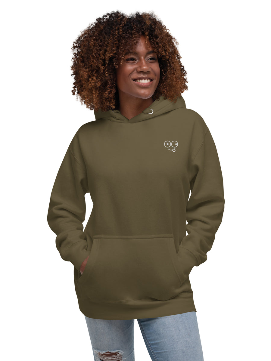 Model wearing a military green pullover hoodie with a small white glasses-face chest design and front pouch pocket