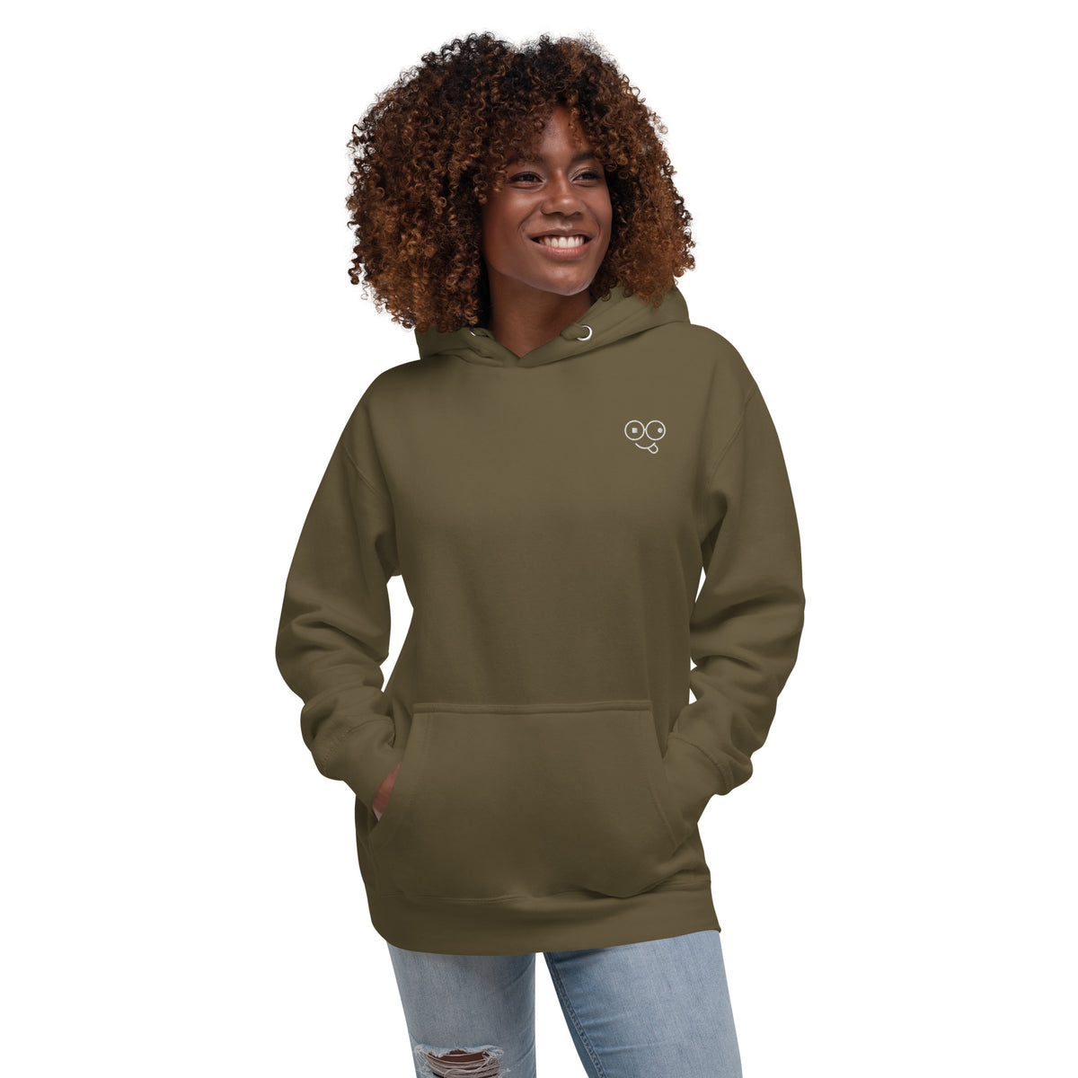 Model wearing a military green pullover hoodie with a small white glasses-face chest design and front pouch pocket