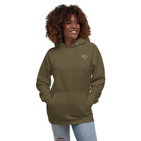 Model wearing a military green pullover hoodie with a small white glasses-face chest design and front pouch pocket
