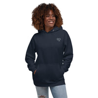 Model wearing a navy blazer pullover hoodie with a white glasses-face design and front pouch pocket