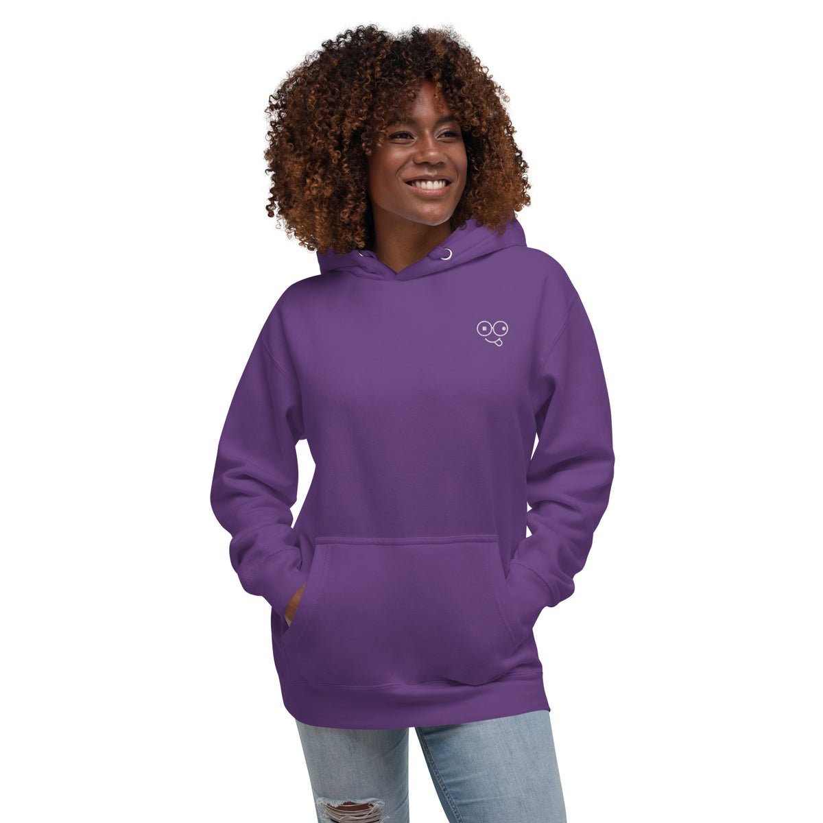 Model wearing a purple pullover hoodie with a white glasses-face design and front pouch pocket