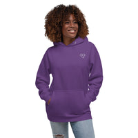 Model wearing a purple pullover hoodie with a white glasses-face design and front pouch pocket