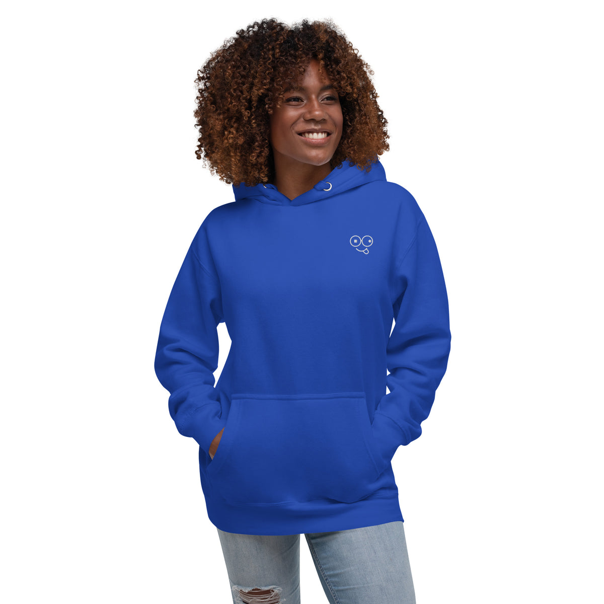 Model wearing a royal blue pullover hoodie with a white glasses-face design and front pouch pocket