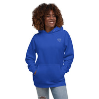 Model wearing a royal blue pullover hoodie with a white glasses-face design and front pouch pocket