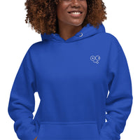 Close-up of a royal blue hoodie showing the white tongue-out glasses-face chest design