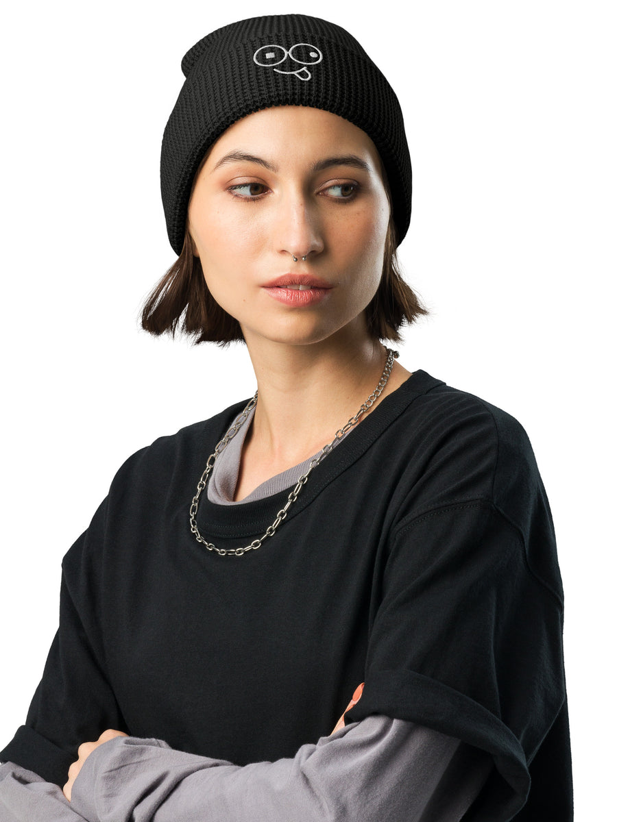 waffle knit beanie, cuffed beanie, acrylic winter hat, glasses face design, double layer knit, winter beanie, textured knit hat, cold weather accessories, fold over cuff, casual winter style