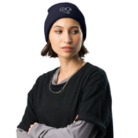 Model wearing a black waffle knit beanie with a folded cuff and white tongue-out glasses-face design